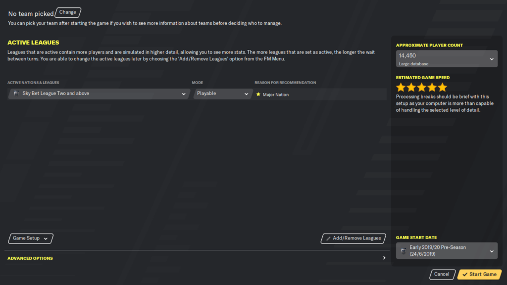 Leagues to load in Football Manager