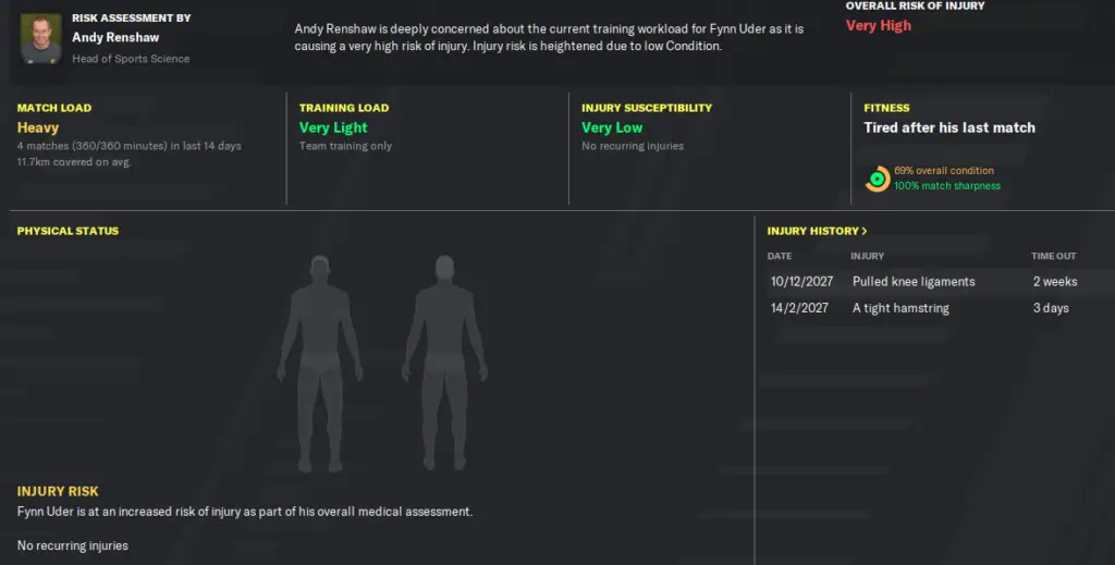 Sports scientists report in football manager for an individual player